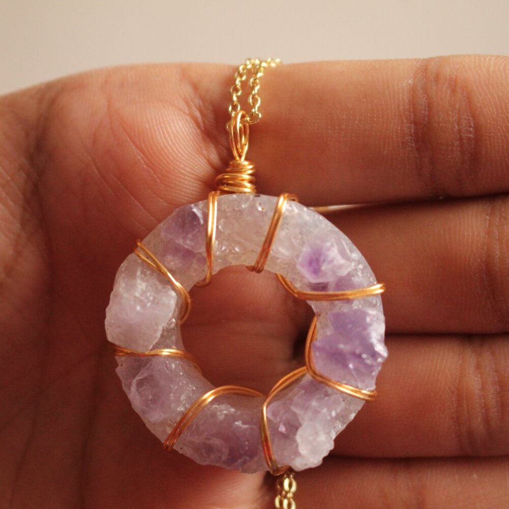 Raw Amethyst Circle Pendant Necklace – Gold Wire Wrapped - Picture 7 of 8